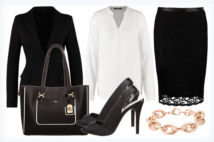 Czarno - biała stylizacja do biura - spódnica, szpilki, torebka, żakiet, koszula i bransoletka