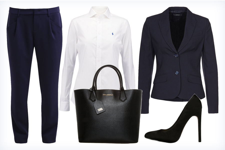 Damska stylizacja do biura - spodnie, szpilki, koszula, torba i żakiet