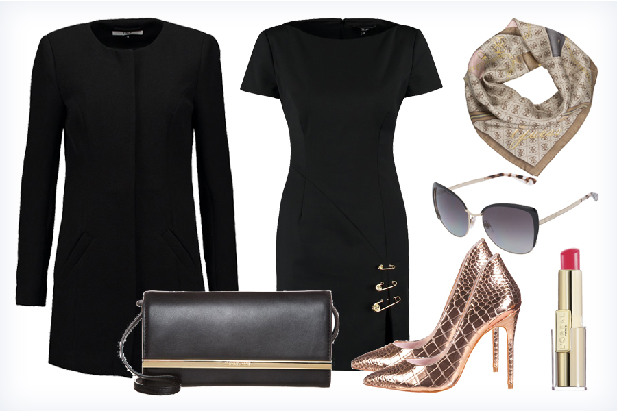 Strój z czarną sukienką – płaszcz, buty, torebka, apaszka, okulary przeciwsłoneczne i pomadka do ust