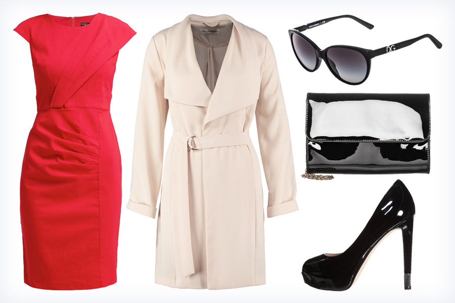 Modna stylizacja z czerwoną sukienką - sukienka, szpilki, płaszcz, okulary przeciwsłoneczne i kopertówka