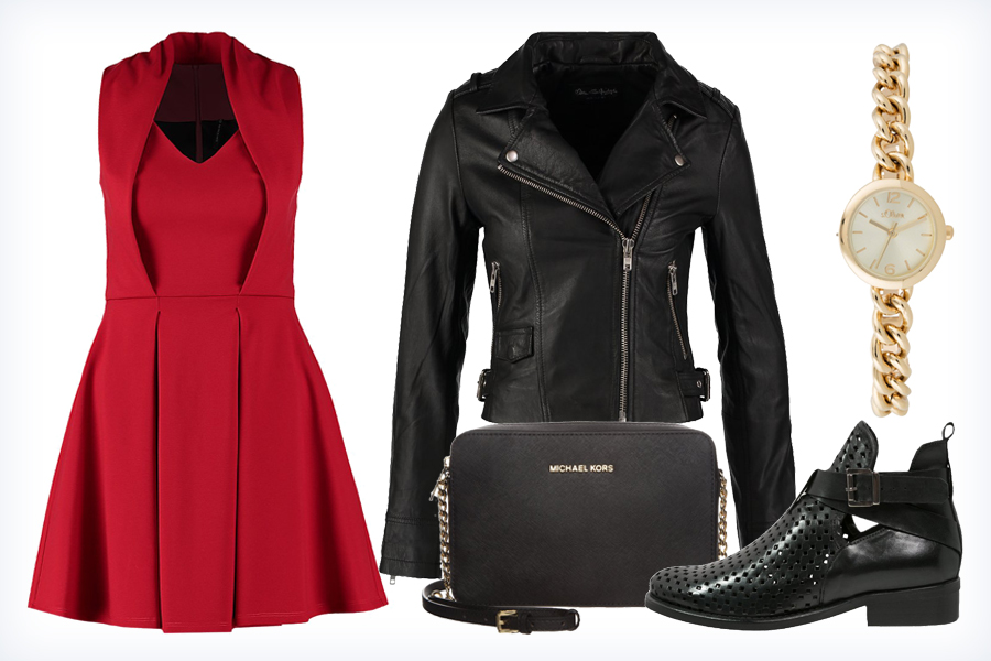 Wiosenna stylizacja z czerwoną sukienką - sukienka, botki, torebka, ramoneska i zegarek