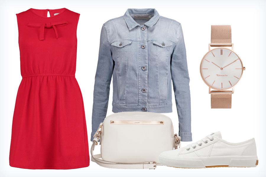 Letnia stylizacja z czerwoną sukienką - sukienka, trampki, kurtka jeansowa, torba na ramię i zegarek