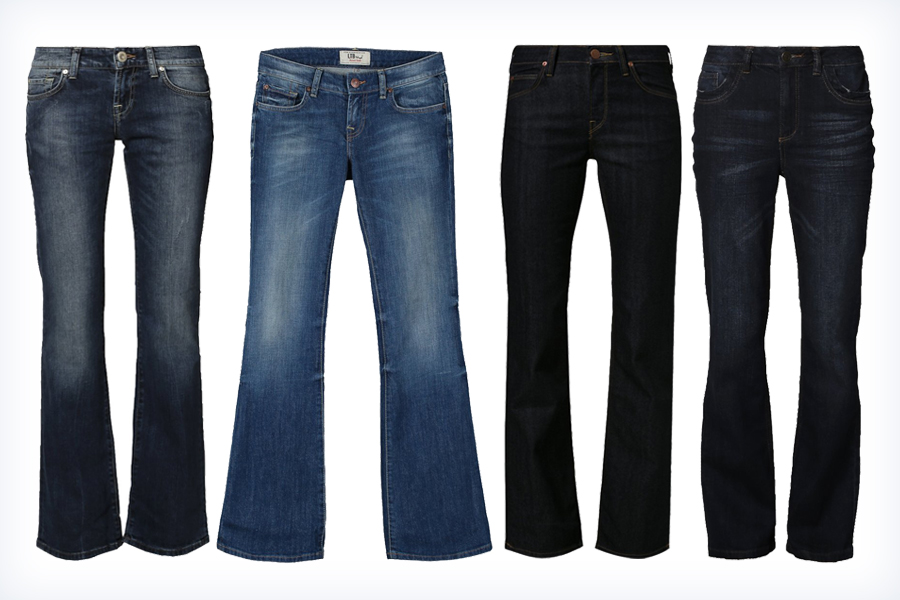 Cztery pary ciemnych damskich jeansowych spodni z szerokimi nogawkami