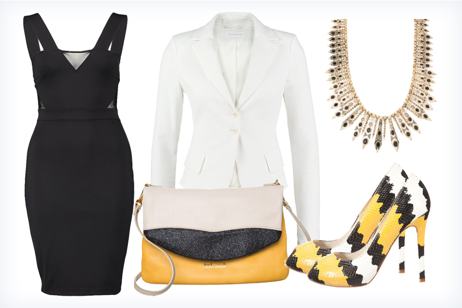 Zestaw ubrań z krótką czarną sukienką – buty, torebka, żakiet i naszyjnik