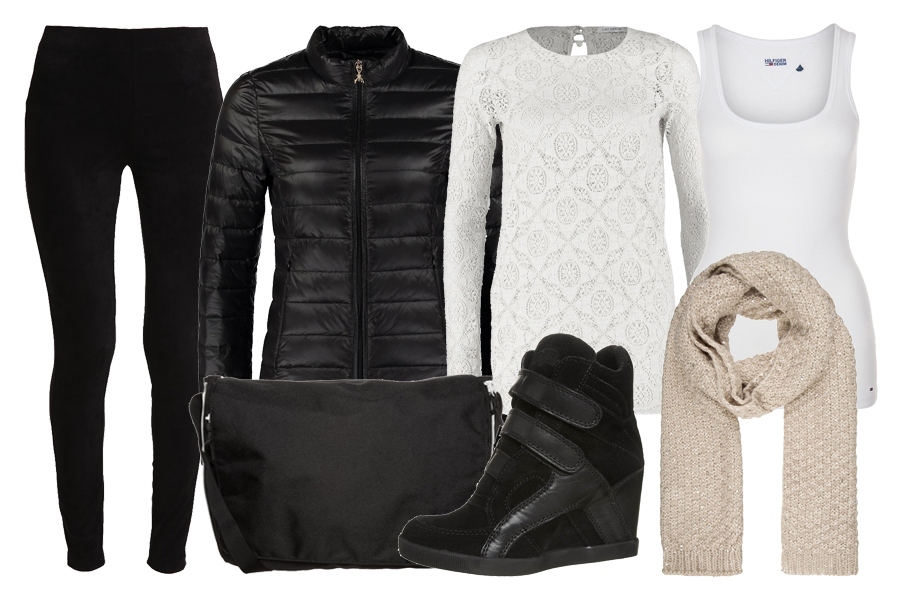Zestaw z czarnymi legginsami - kurtka, sweter, top, szalik, buty i torba
