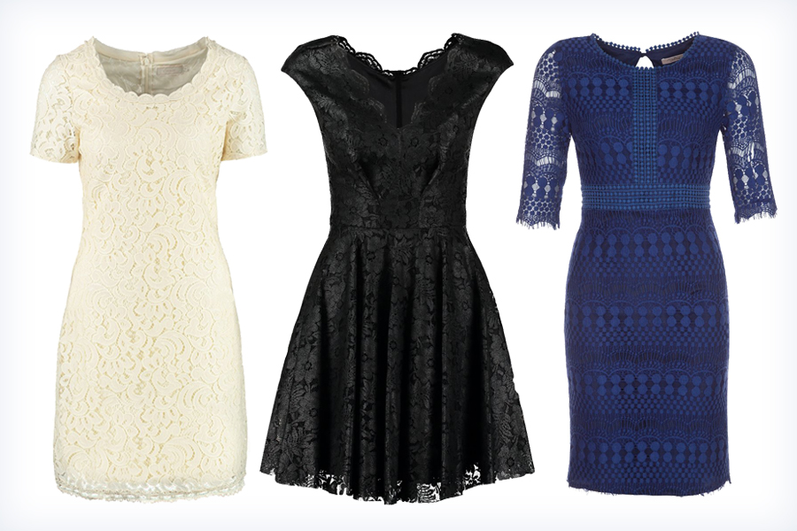 Trzy koronkowe sukienki - biała, czarna, niebieska
