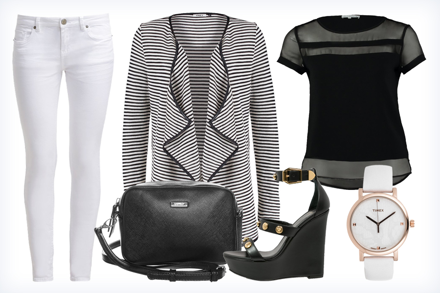 Letnia stylizacja na co dzień - jeansy, bluzka, sandały, torba na ramię, zegarek i kardigan