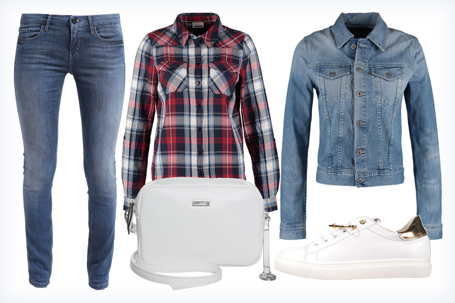 Modna stylizacja ze spodniami - jeansy, koszula w kratę, kurtka skórzana, buty i torba na ramię