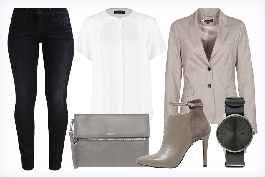 Damska stylizacja ze spodniami - spodnie, botki, bluzka, kopertówka, zegarek i żakiet