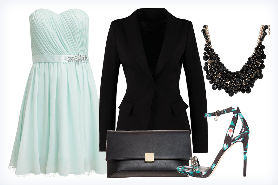 Letnia stylizacja na wesele - sukienka, szpilki, kopretówka, żakiet, naszyjnik