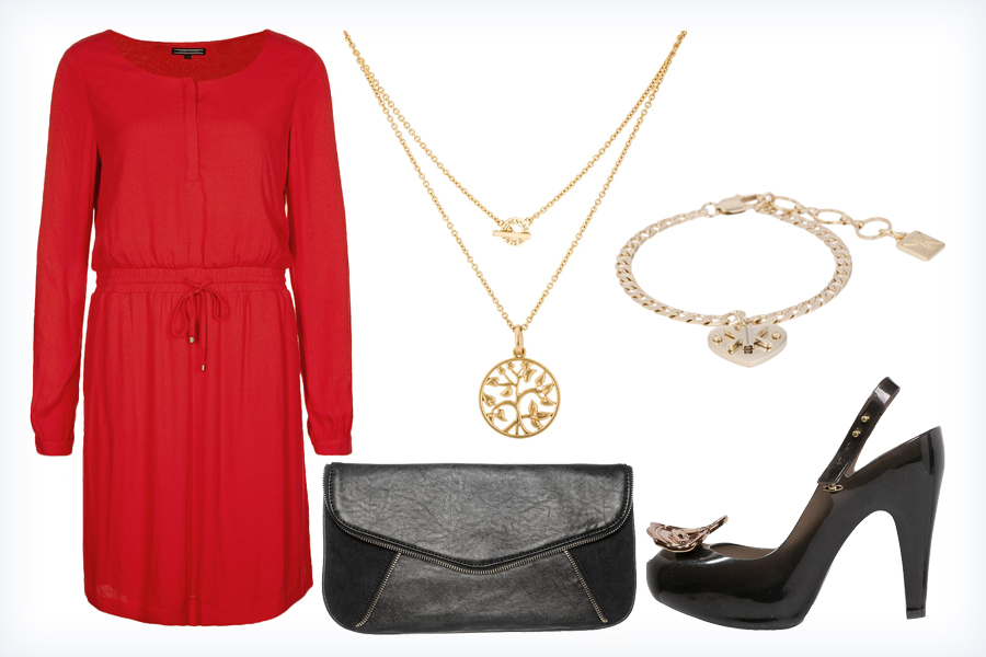 Modna stylizacja z czerwoną sukienką - sukienka, szpilki, kopertówka, bransoletka i naszyjnik