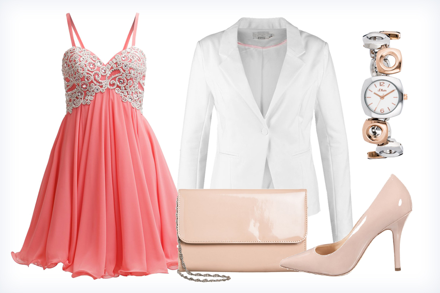 Modna stylizacja na wesele - sukienka, szpilki, torebka, żakiet i zegarek
