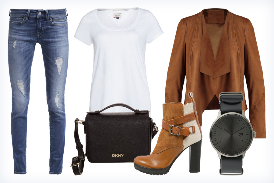 Stylizacja na co dzień - jeansy, botki, kardigan, koszulka, torba, i zegarek